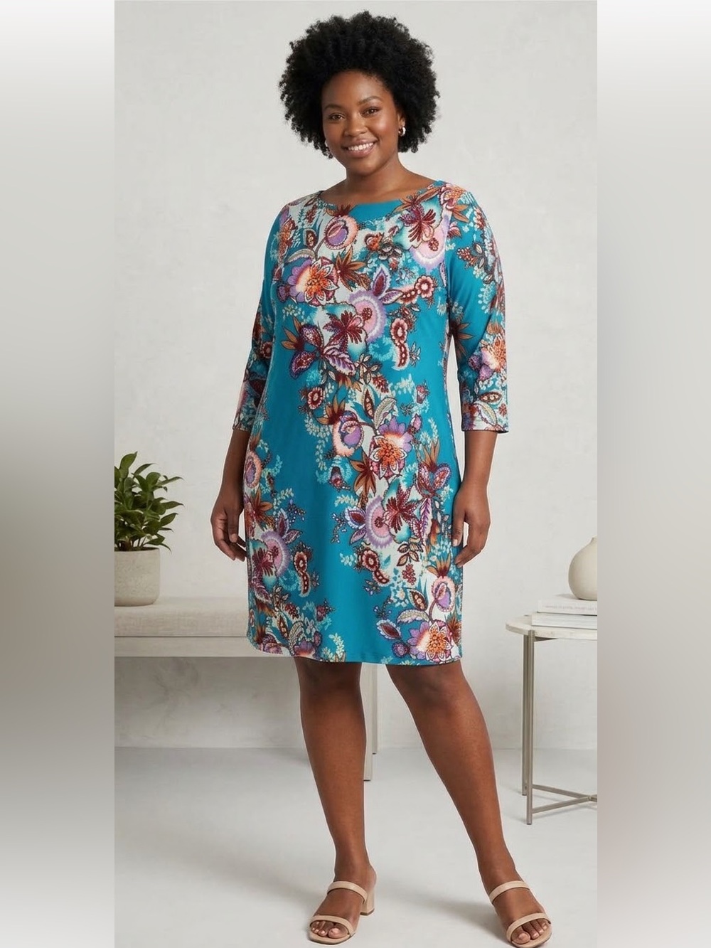 Bob Mackie Wearable Art Floral Dress Size 1X Blue Teal Paisley 3/4 Sleeve
